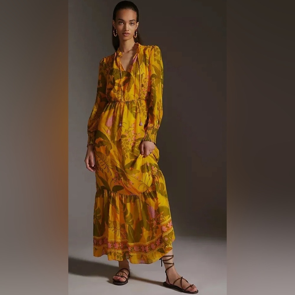 Anthropologie Farm Rio Tropical Print Tiered Long Sleeve Maxi Dress XS NWOT